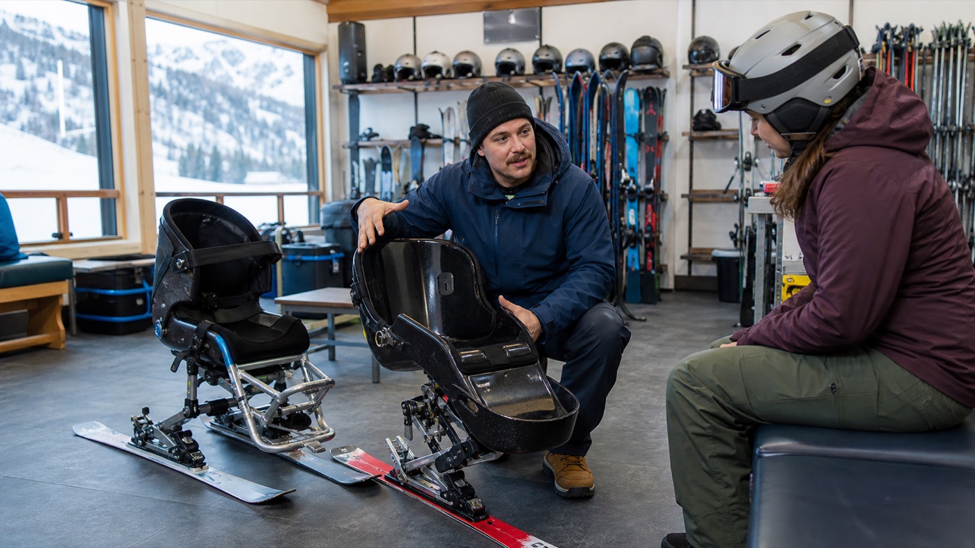 An adaptive ski instructor explaining sit-ski equipment before a lesson