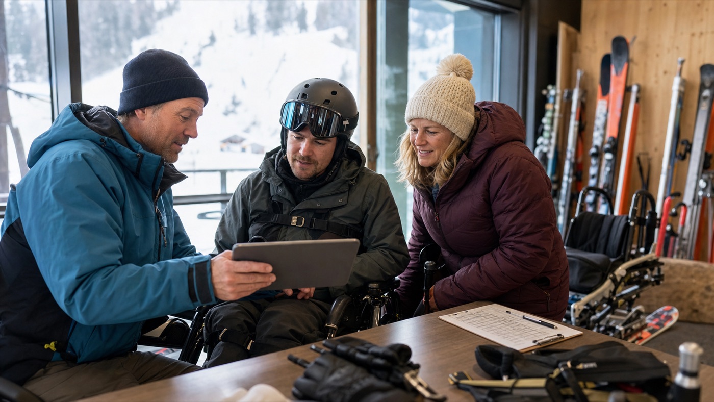An adaptive ski instructor, athlete, and family member reviewing lesson details before skiing