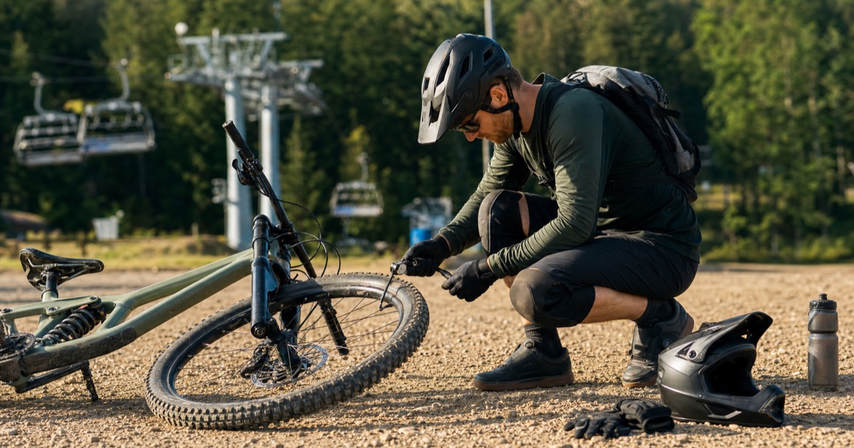 Rider sprawdza rower przed pierwszym dniem w bike parku