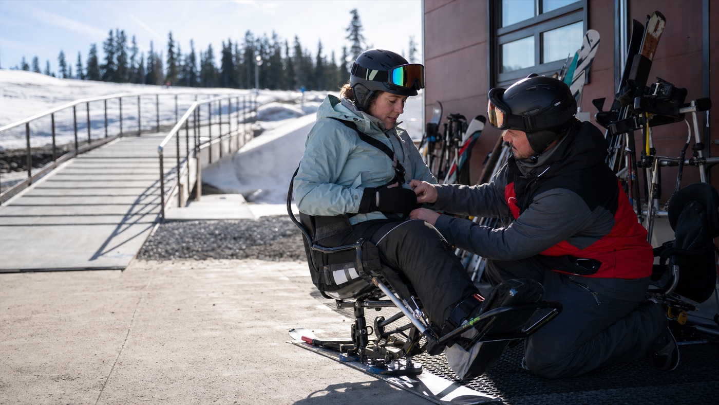 An adaptive skier and instructor checking sit-ski equipment in an accessible lesson area